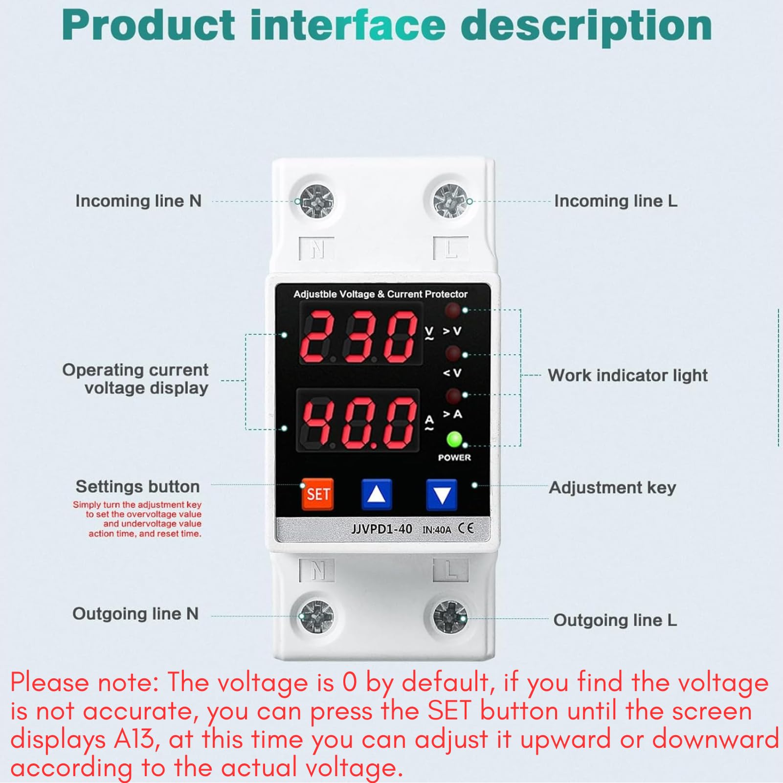 Jadeshay Regolatore di tensione,1 PC AC220V 40A Protezione Corrente di Tensione Dispositivo di Protezione da Sovratensione e Sottotensione,Relè di ripristino Regolabile Intelligente Doppio Display LED