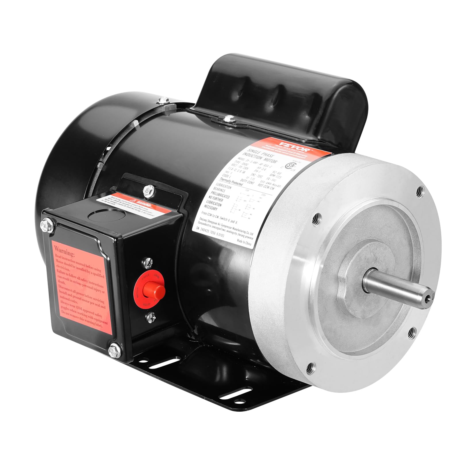 VEVOR3/4 HP Electric Motor 1725 RPM, AC 115V/230V, 56C Frame, Air Compressor Motor Single Phase, 5/8" Keyed Shaft, CW/CCW Rotation for Agricultural Machinery and General Equipment