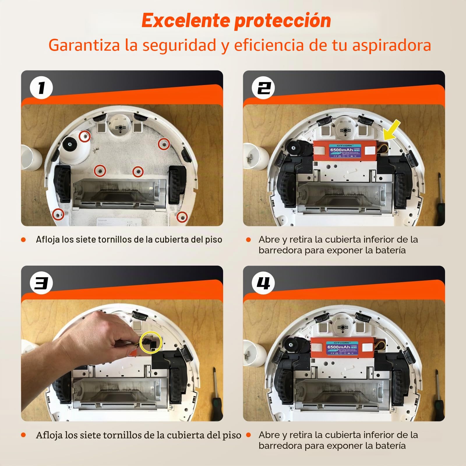 CITYORK Li-Ion Batería de Repuesto para Roborock S50 S5 S6 S7 Pure/MAX/MaxV/MaxV Ultra, para Roborock Q5 Q7 Pro/MAX+ Mijia 1.und 2. Generation Robot Aspirador Batería - 14.4 V 6500mAh