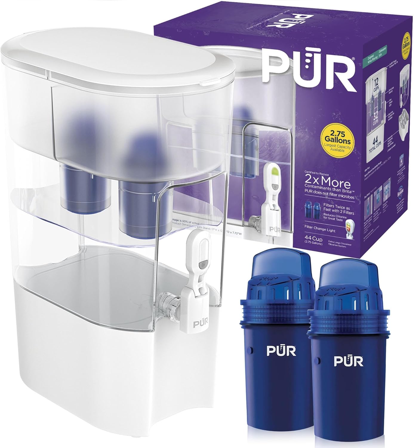 PUR XL 44-Cup Water Filter Dispenser with 2 Genuine PUR Filters, Largest Available, 44-Cup Capacity, 2-in-1 Powerful, Faster Filtration, Dishwasher Safe, (PDI4000Z)