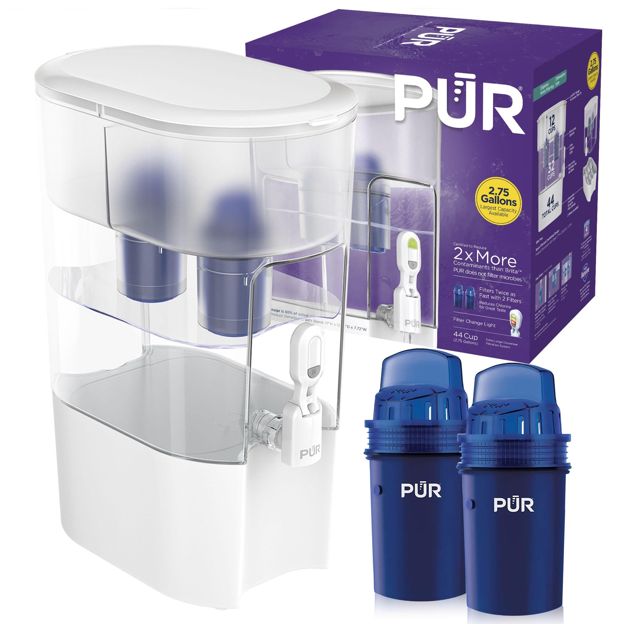 PUR XL 44-Cup Water Filter Dispenser with 2 Genuine PUR Filters, Largest Available, 44-Cup Capacity, 2-in-1 Powerful, Faster Filtration, Dishwasher Safe, (PDI4000Z)