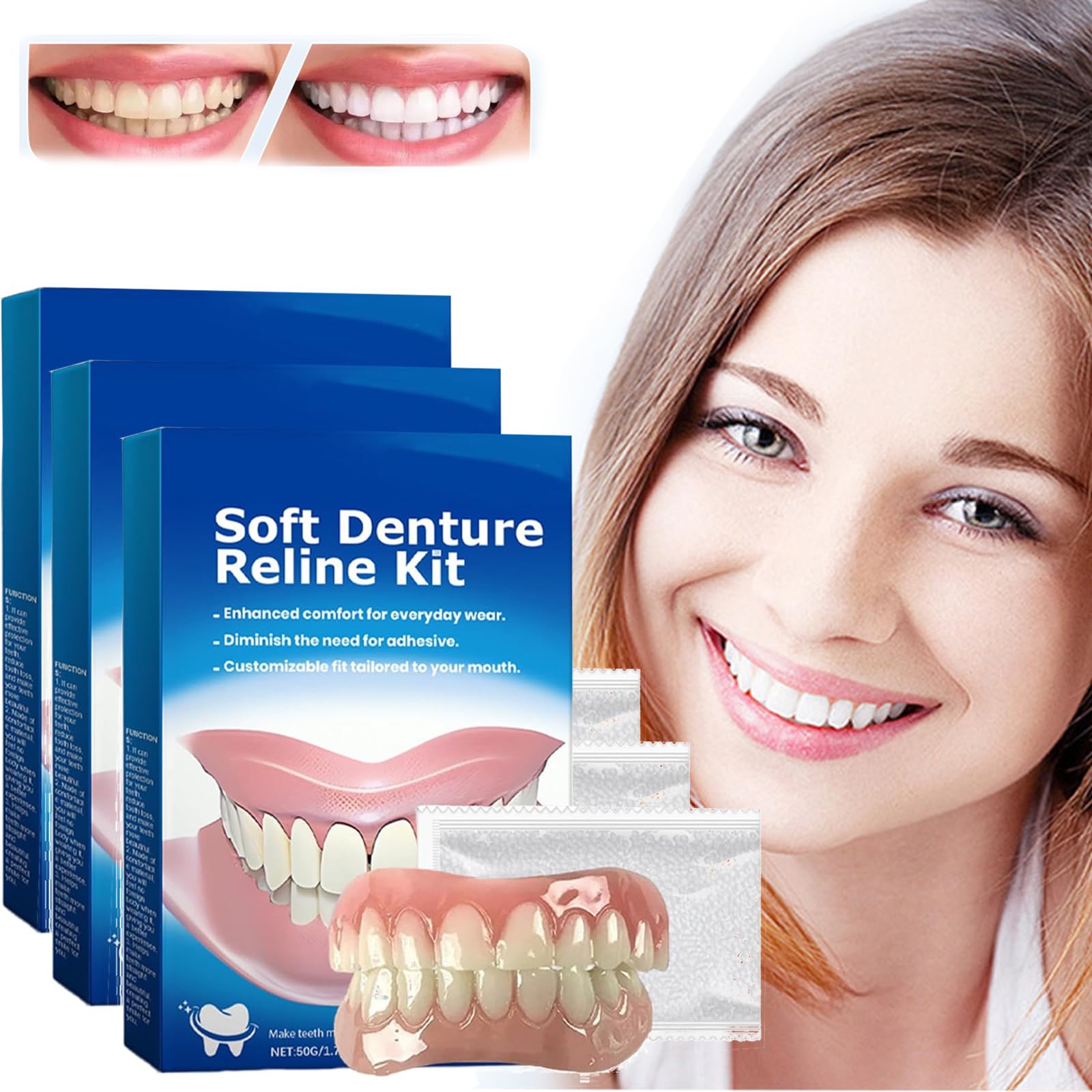 NUEVO Kit de rebase de silicona para dentaduras postizas Kit de rebase de silicona para dentaduras postizas suave Kit de rebase de silicona para dentaduras postizas Greatfit Kit de rebase de silicona de fácil uso para hombres y mujeres 3 CAJAS