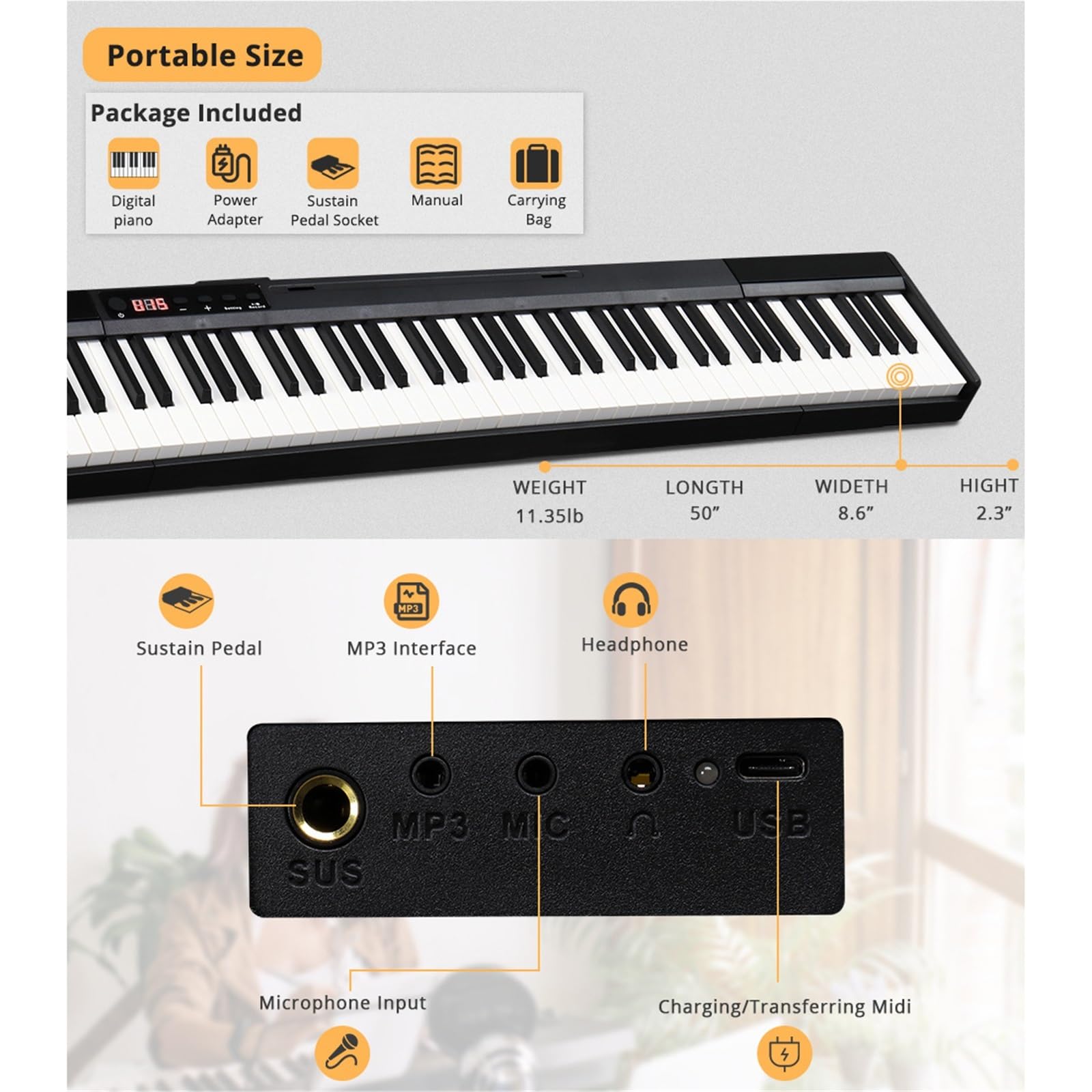 Tastiera Digitale Per Principianti Tastiera Per Pianoforte Elettronico Portatile A 88 Tasti, Tastiera Semi-pesata Full Size, Pianoforte Elettrico Con Pedale Sustain(Black)