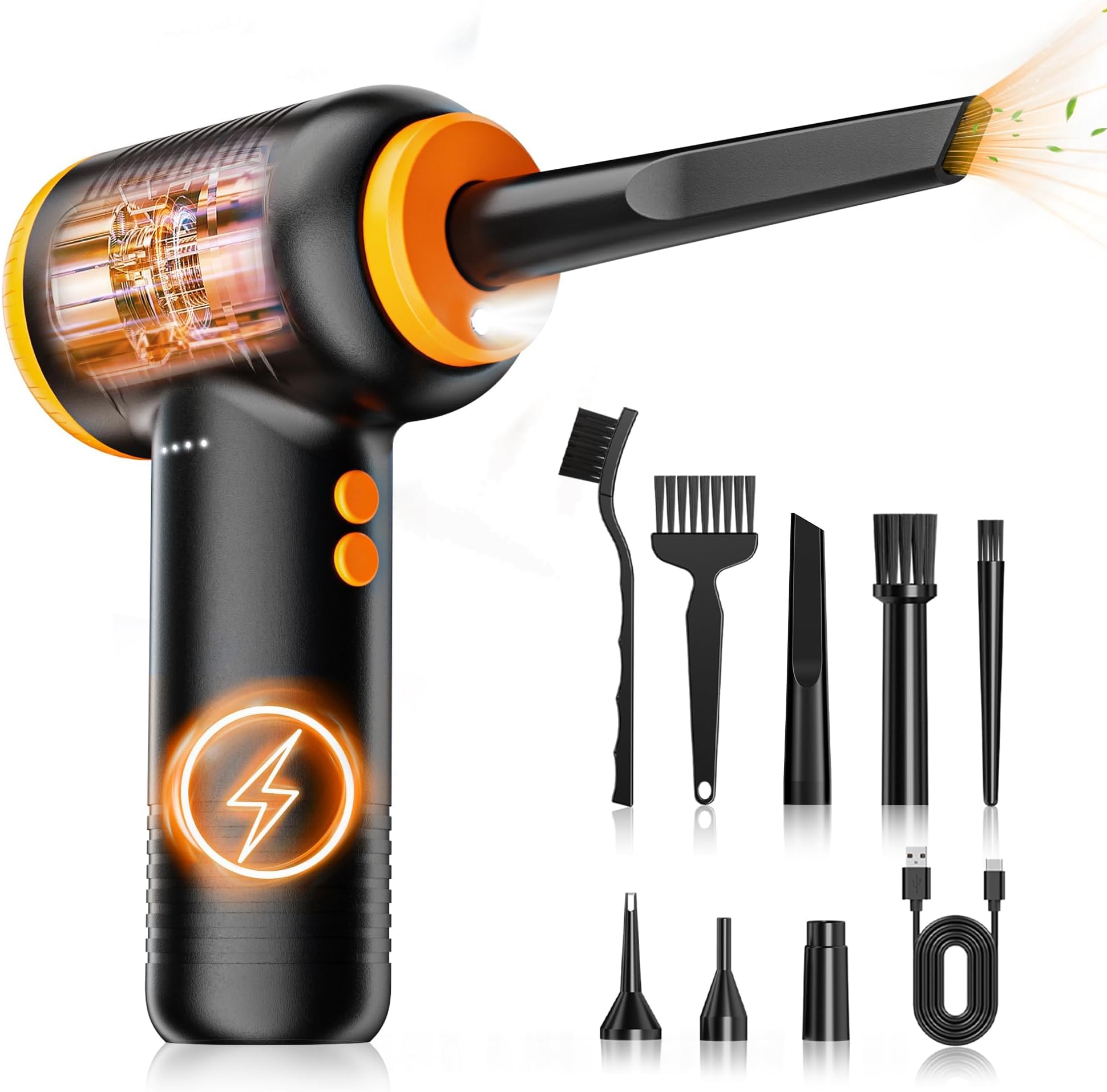 Electric Dust Blower, 3-Speed 120000 RPM Compressed Air Duster with LED Light, USB Rechargeable Compressed Air Spray PC Cleaning Kit with 8000mah Battery, Black-Orange