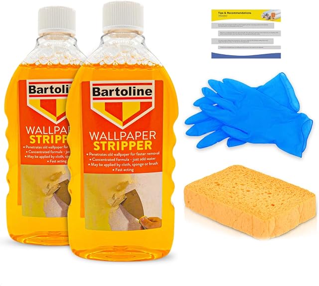 Wallpaper Stripper Bundle for Fast Removal - 2 x Stripping Liquid Bundled with Sponge and Latex Free Gloves - Wallpaper Remover Kit - by Decorator's Friend
