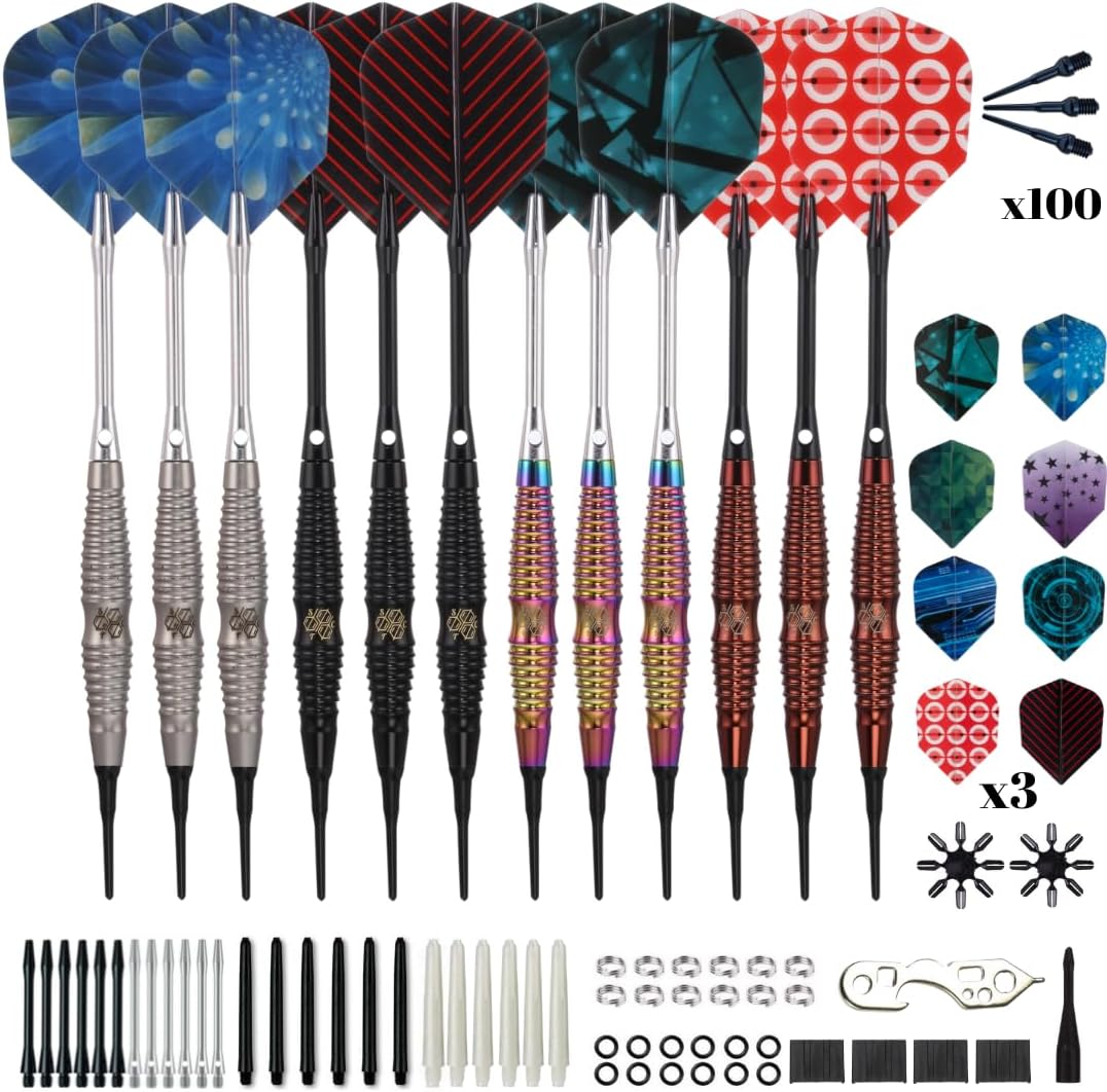 Shot Taker Co. Plastic Tip - Soft Tip Darts Set - 12 Pcs with 100 Extra Dart Tips 24 Flights Flight Protectors and Wrench for Electronic Dart Board