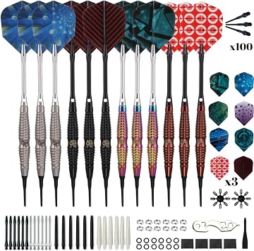 Shot Taker Co. Plastic Tip - Soft Tip Darts Set - 12 Pcs with 100 Extra Dart Tips 24 Flights Flight Protectors and Wrench for Electronic Dart Board