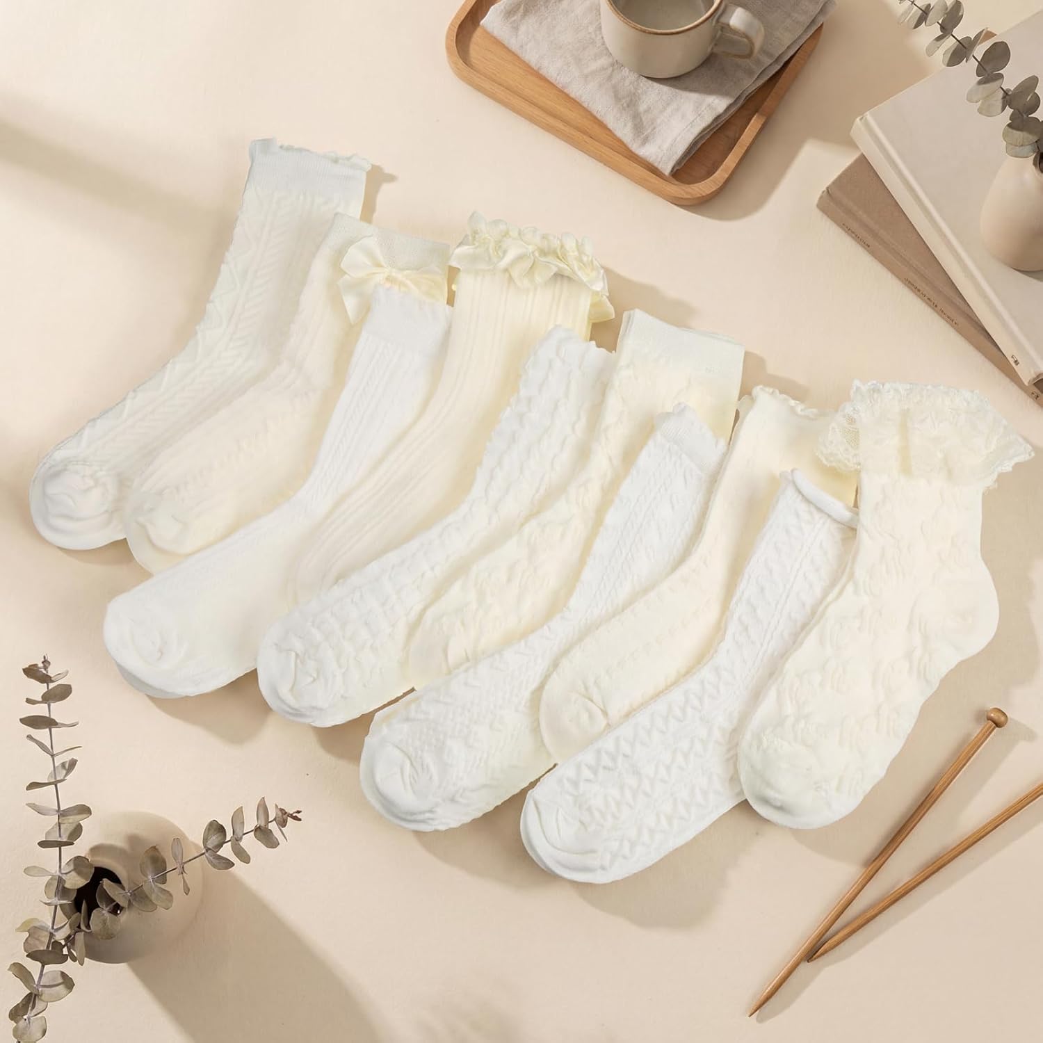 Shyyween 10 Pairs Cute Socks Women's Lace Ruffles Ankle Casual Flower Frilly Fancy Cotton Cottagecore Floral Mid Tube Socks