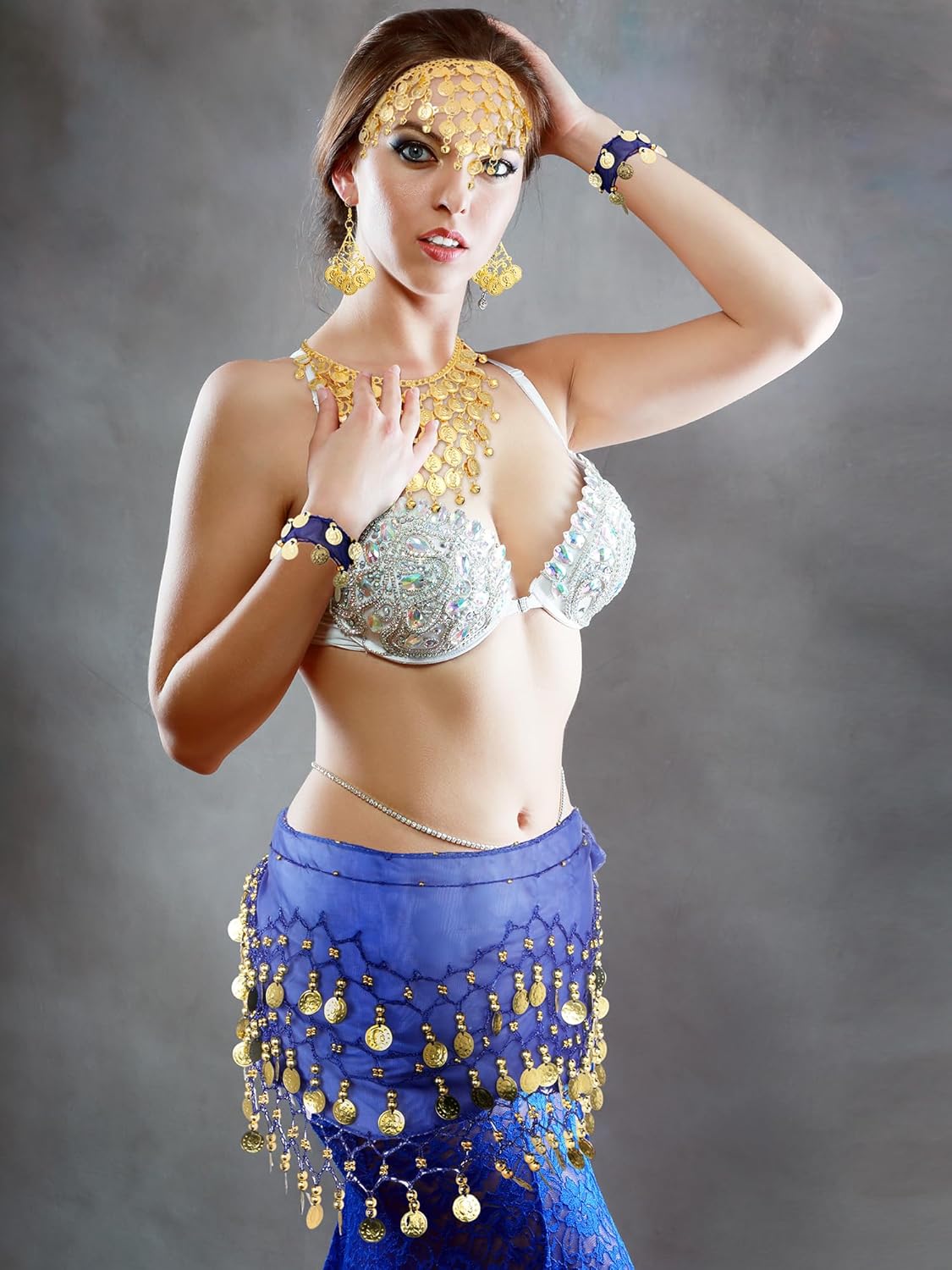 Gypsy Costume Women Belly Dancer Jewelry Hip Scarf with Coin, Gypsy Headpiece Gold Necklace Earrings Bracelets
