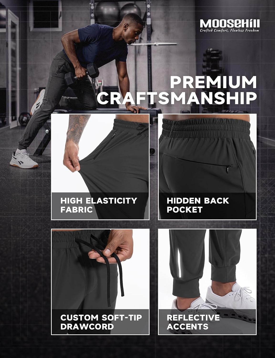 Moosehill Men's Joggers with Zipper Pockets | Lightweight, Breathable, 4-Way Stretch, Moisture-Wicking, Tapered Fit, Workout Pants for Gym, Running, Casual Wear