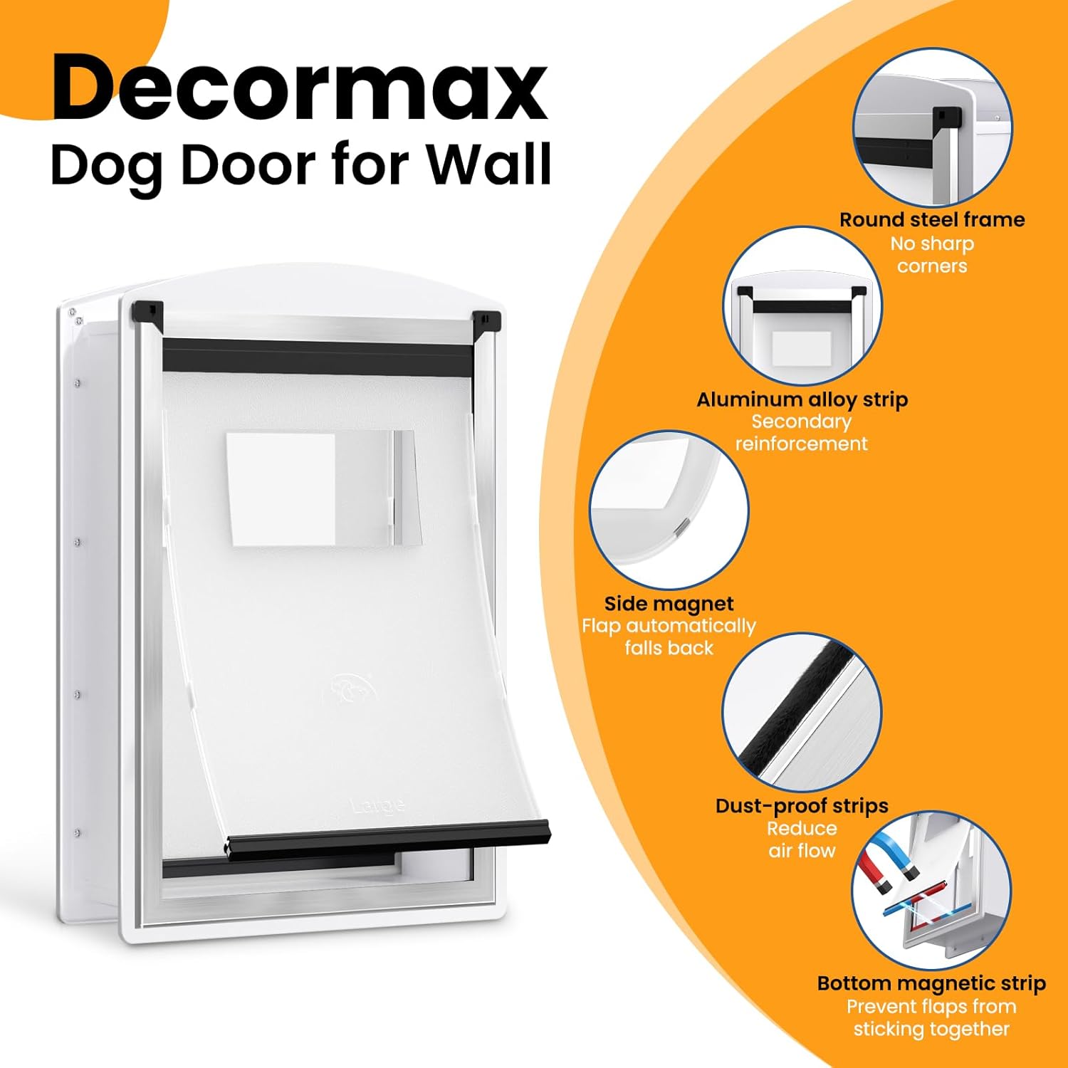 Dog Door for Wall, Steel Dog Door with Telescoping Tunnel, Weatherproof Pet Door with Two Sliding Lock Panels and Magnetic Flaps, Easy to Install, White, Large