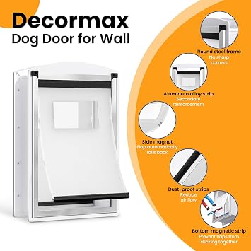 Dog Door for Wall, Steel Dog Door with Telescoping Tunnel, Weatherproof Pet Door with Two Sliding Lock Panels and Magnetic Flaps, Easy to Install, White, X-Large