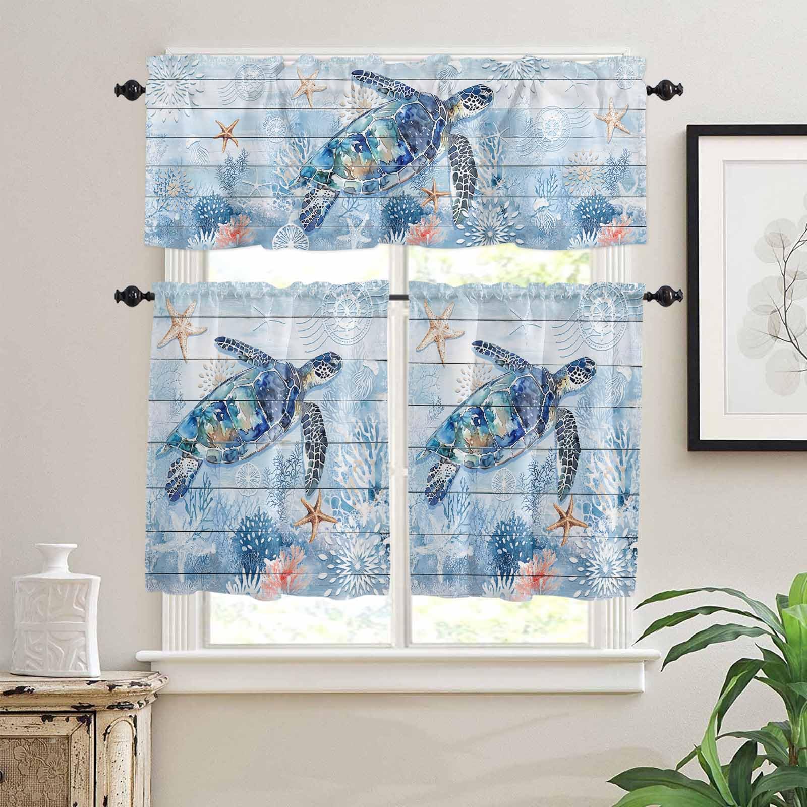 Coastal Turtle Kitchen Curtains 24 Inch Length,3 Piece Rod Pocket Small Half Tiers and Valance Set,Blue Nautical Starfish Coral Jellyfish Small Large Window Treatment Decor for Bedroom/Bathroom Sink
