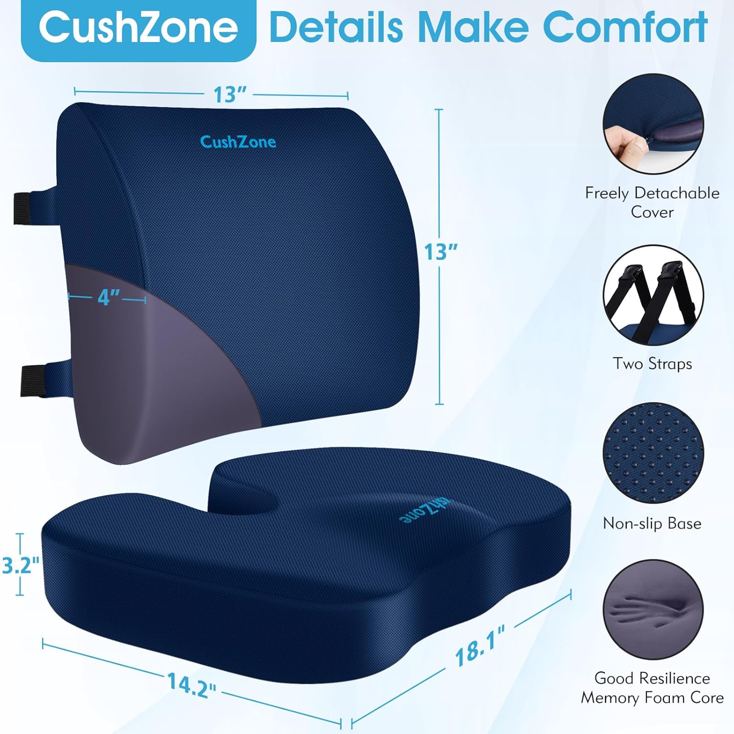 Seat Cushion, Lumbar Support Pillow with Adjustable Strap-Chair Cushions for Sciatica Pain Relief-with Washable Cover Memory Foam for Car, Travel and Wheelchair-Blue - Image 3