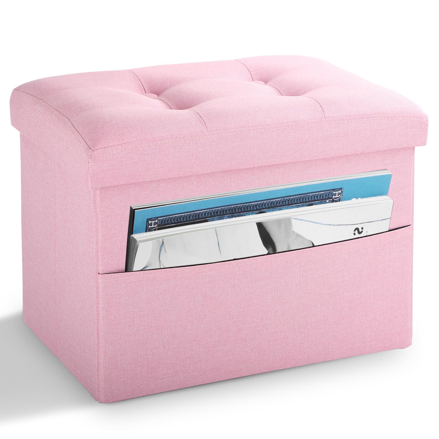 LINMAGCO Storage Ottoman Folding Foot Stool Foot Rest with Side Pocket Modern Ottoman with Storage Short Sofa Stool Linen Cloth 17x13x13(Pink)