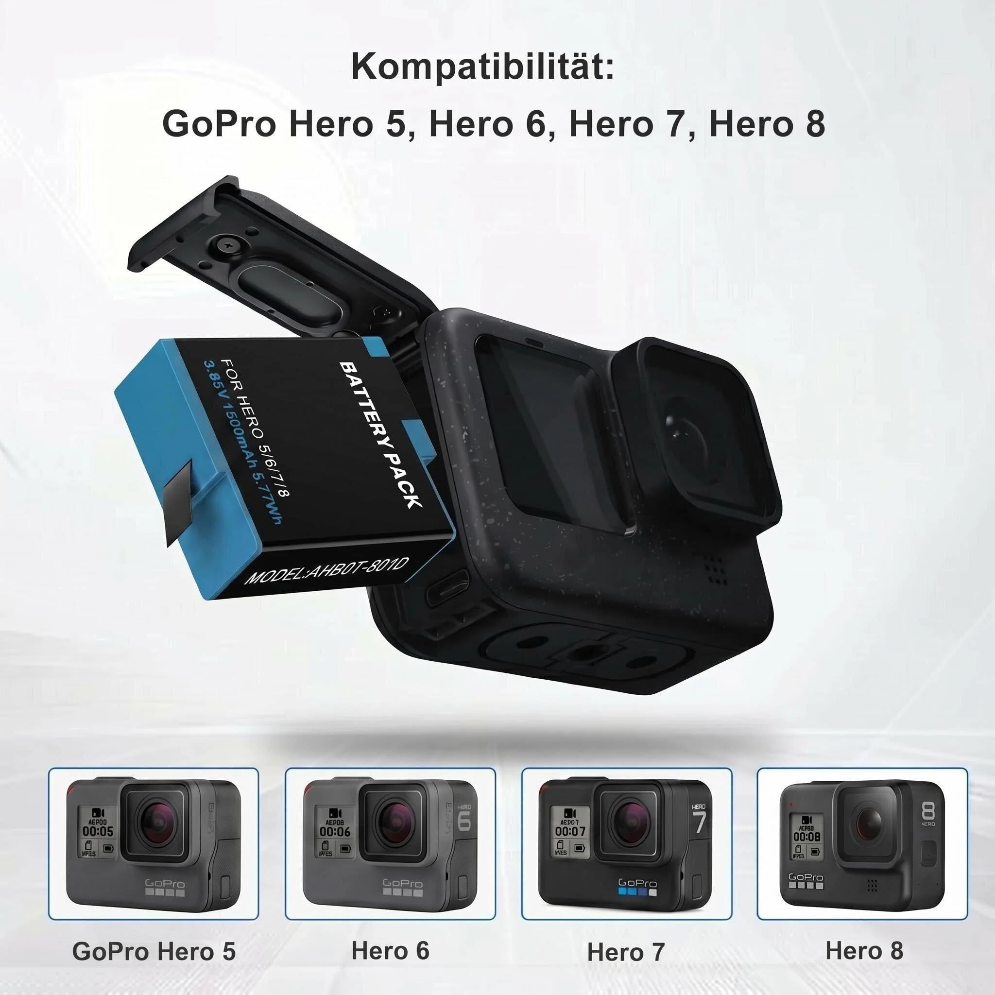 1500mAh Ersatz Akku für GoPro Hero 8 Hero 7/6/5 Actioncam AHBDT-801, 2 Stück