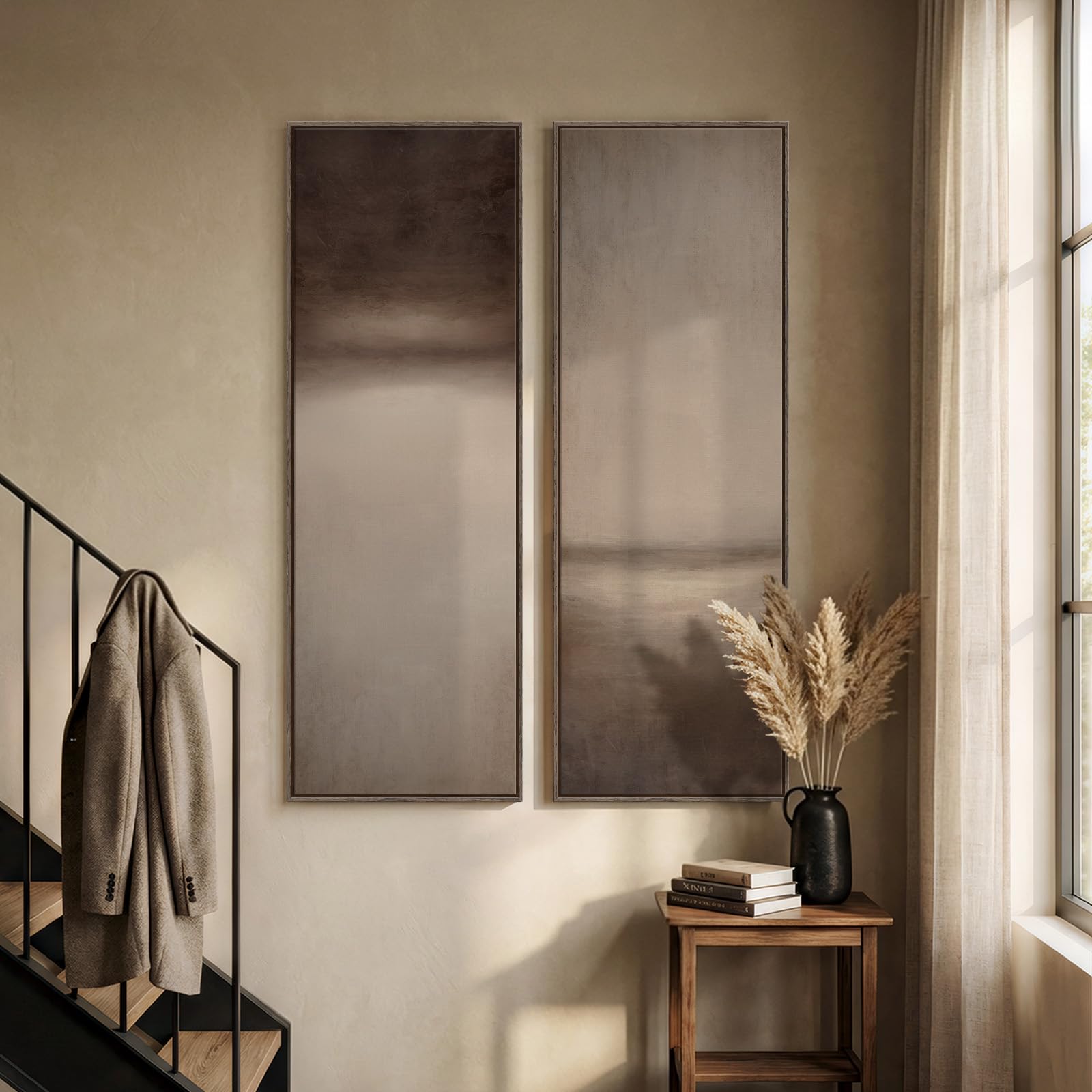 Condition photo showing New/Like New for long narrow framed brown and beige neutral abstract vertical wall art, set of 2 modern canvas prints paintings artwork for walls, minimalist pictures for living room bedroom hallway entryway wall decor