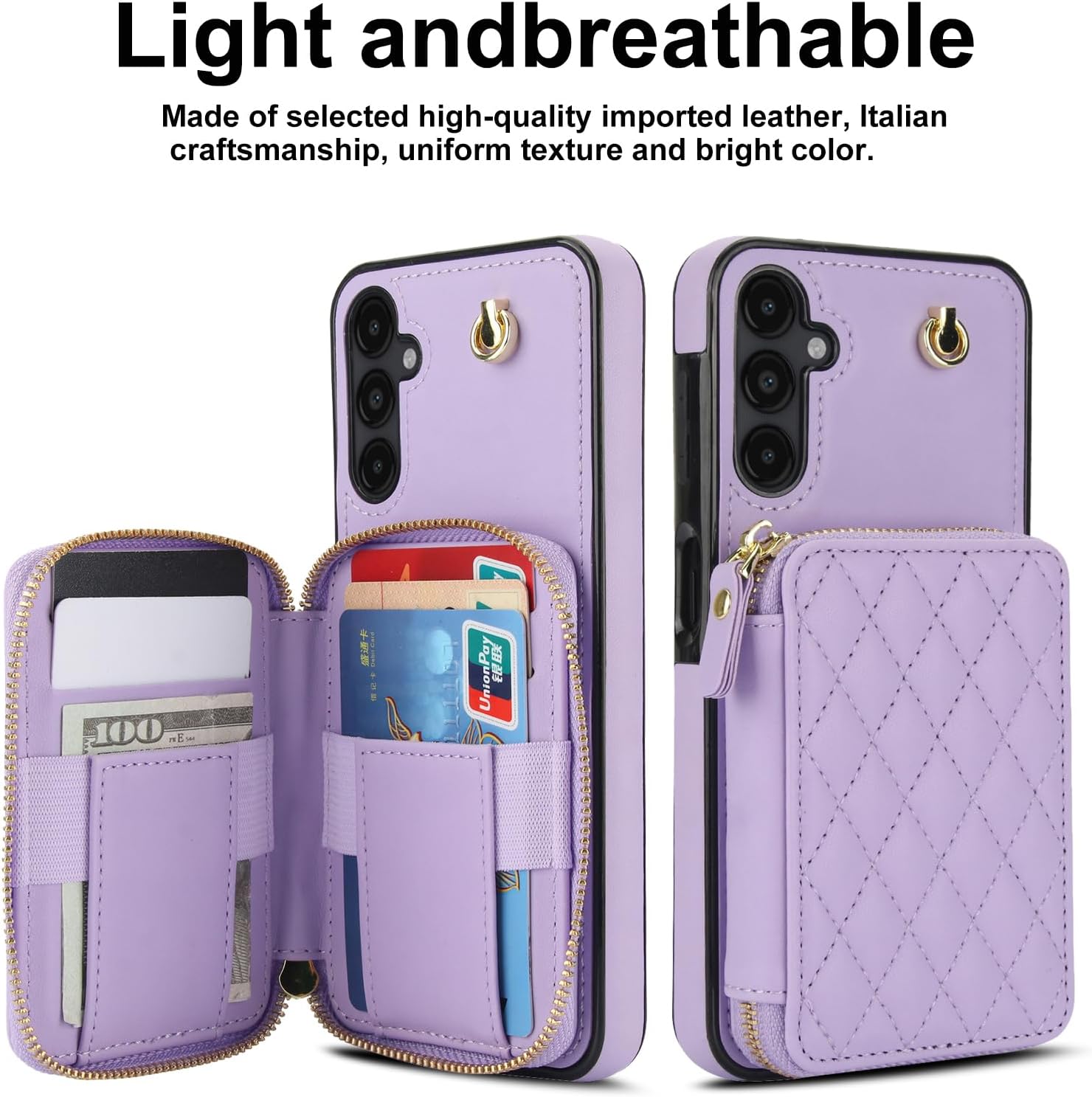 Phone Case for Samsung Galaxy A16 5G/4G Zipper Wallet Cell Cover with Tempered Glass Screen Protector Wrist Crossbody Strap Lanyard Stand RFID Blocking Credit Card Holder Slot A 16 Women Girls Purple