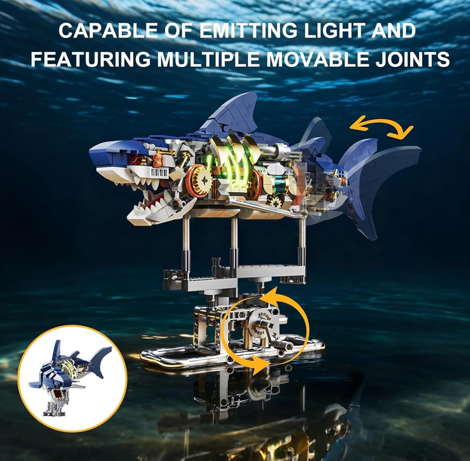 Mechanical Shark Fish Building Block Set,687 PCS Movable Ocean Animals Decor Collection Toy Compatible with Lego Sets for Boys 8-14,STEM Birthday Gift for Adults Women Girls Boys Age 8-12(with LED)