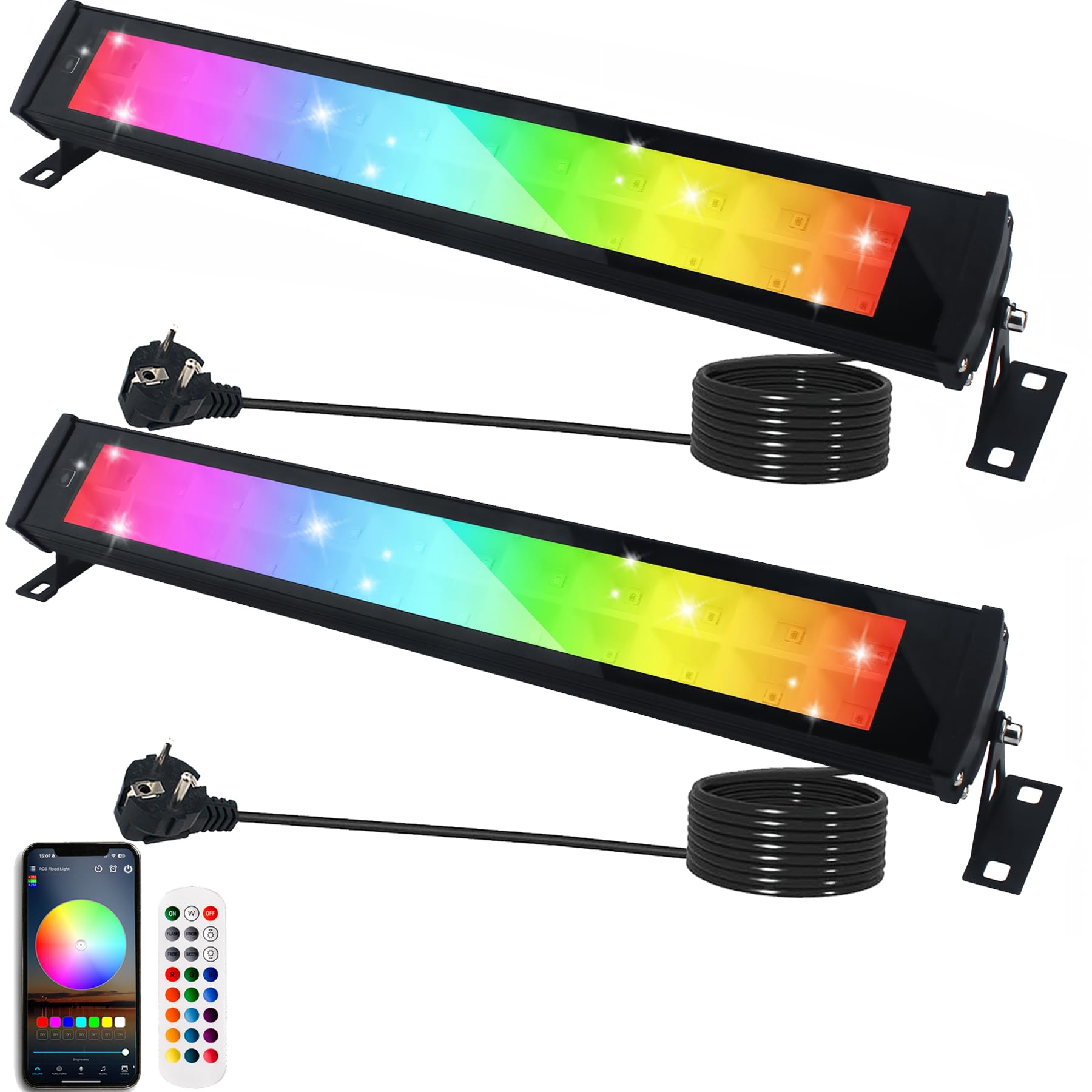 RGB Strahler 50W, 2 Stück Rgb Led strahler mit 360° Fernbedienung und Bluetooth APP rgb led Wallwasher IP66 Wasserdicht LED Strahler Außen Partylicht für Disco Bühne Feiern Garten Halloween