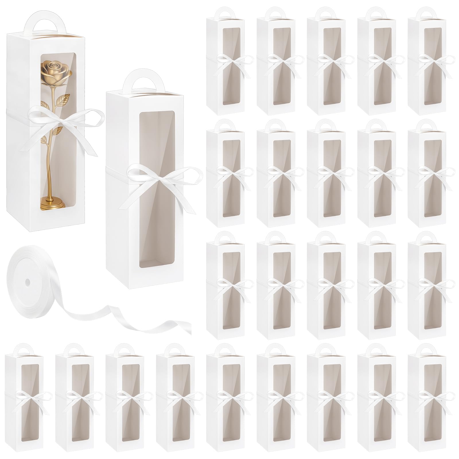 DELORIGIN 30 Pack White Tumbler Gift Boxes with Handle for 16oz 20oz 30oz Glass Cups Wine Clear Window Gift Boxes with 25 Yards Gold Ribbon for Sublimation Tumblers Wedding Favors Gifts Packaging