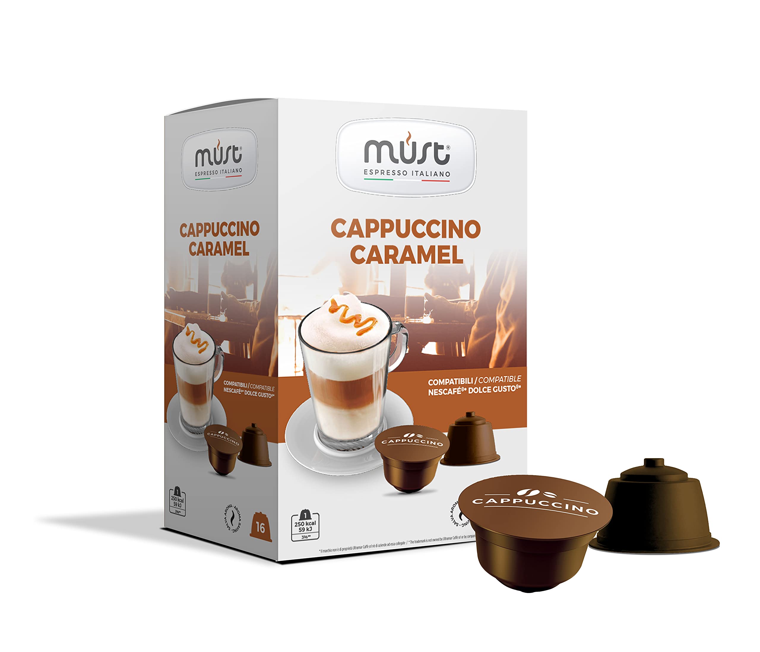 MUST 16 Coffee Capsules Self Protected in 100% Recyclable Plastic, CAPPUCCINO CARAMEL blend Pack of 16 Capsules Compatible with Dolce Gusto Mchine, Made in Italy