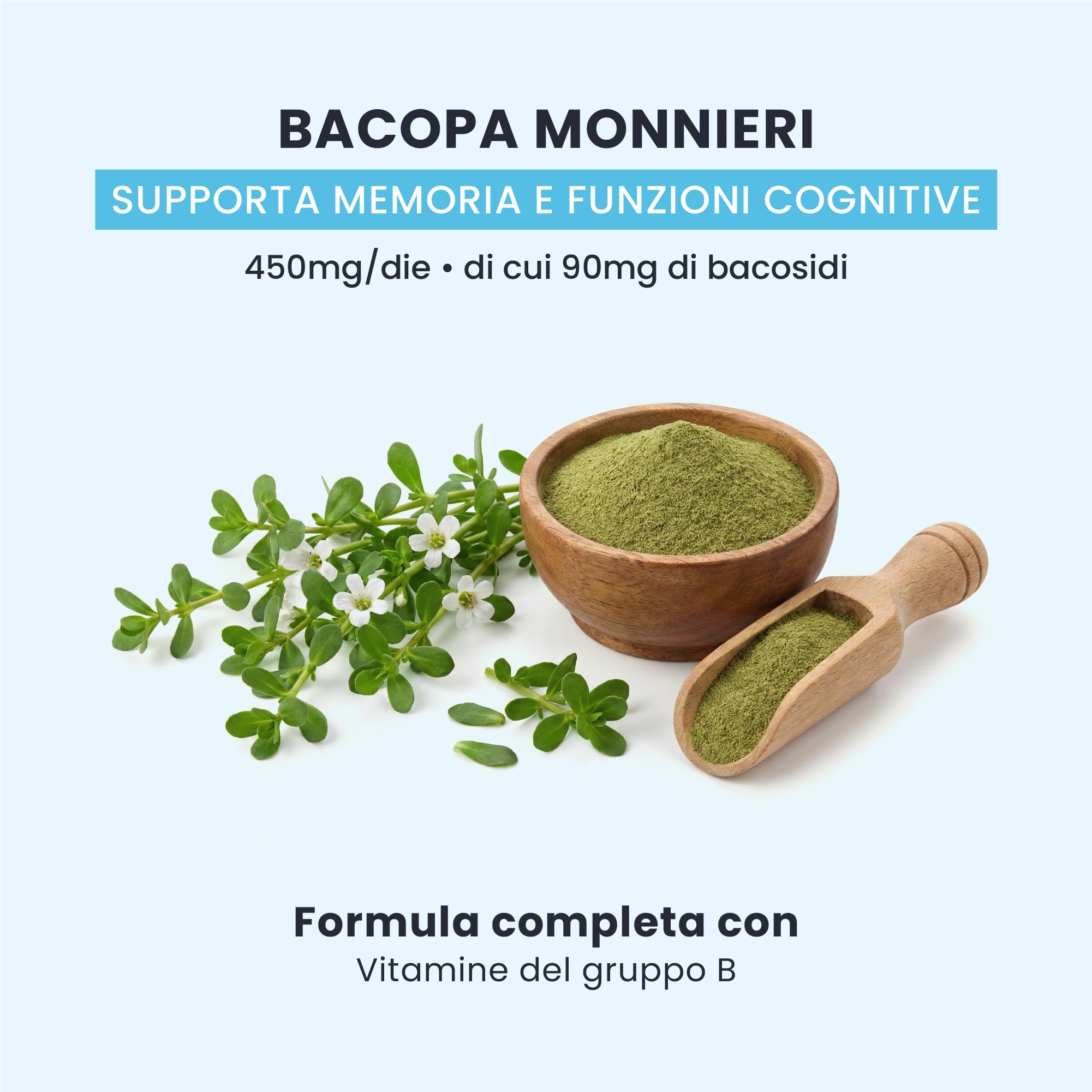 My Memo - Integratore Memoria e Cognizione - Bacopa Monnieri 450 mg (Bacosidi 90 mg) - 60 giorni (60 caps) - Vegan, senza glutine e lattosio, aroma pesca - Vitamine B5 B6 B12 Folato