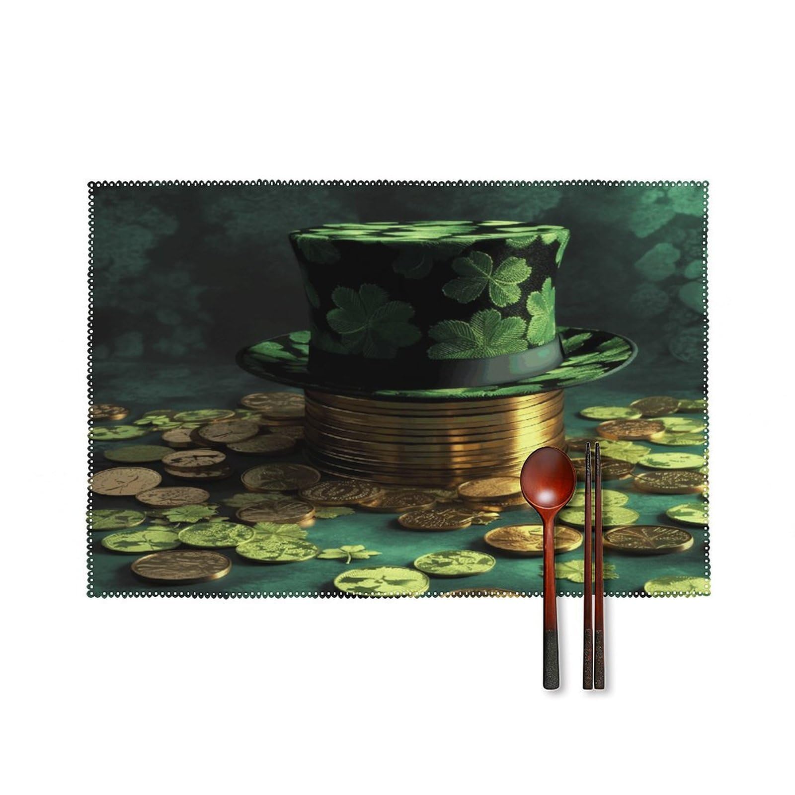 Fekiloot Style Green Hat And Gold Coins Placemats Set Of 6,Table Mat