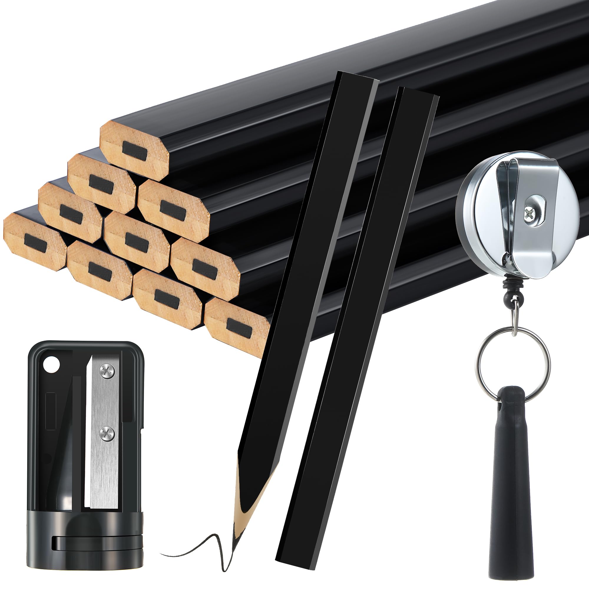 Hohean 14 Pcs Carpenter Pencils, 7 Inches Flat Octagonal Hard Black Woodworking Construction Pencils Heavy Duty with Pencil Sharpener and Retractable