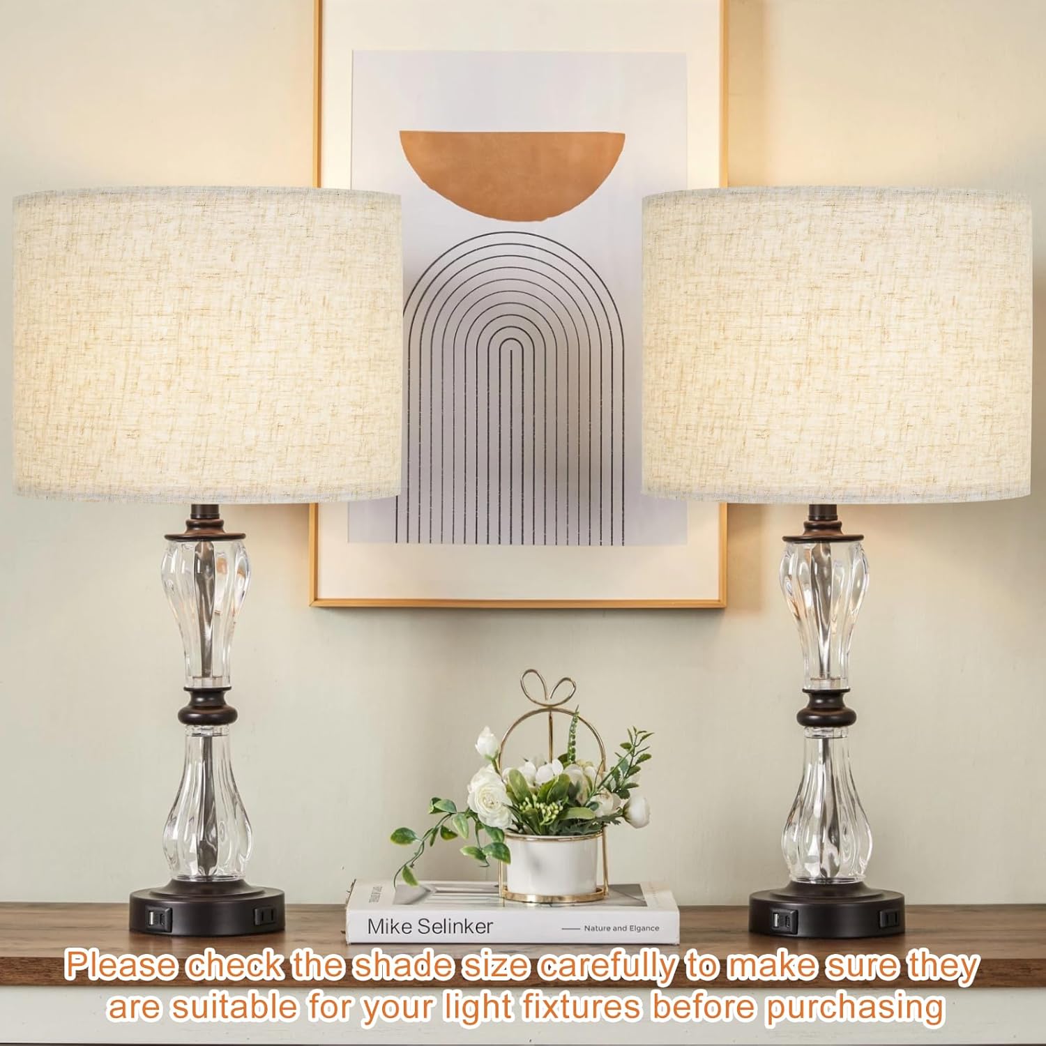 Beige Lamp shades Set of 2, Large Linen Drum Lampshades, 13" Top x 13" Bottom x 10" High Lamp Shade, Replacement Lampshades for Table and Floor Lamps, Pendant Light, Handcrafted, Easy Assembly