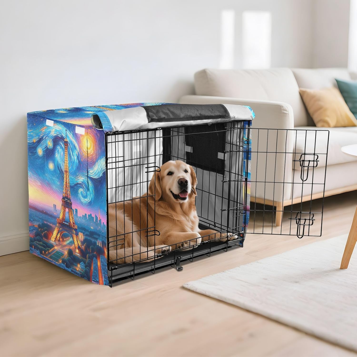 Paris Tower Starry Night Dog Crate Covers Washable, S-XL Windproof Crate Cover for Pet Owners, Large