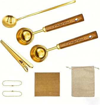 Gold Coffee Scoop with Wooden Handle, 2 Tablespoon / 30 ml, 304 Stainless Steel Measuring Spoon for Ground Coffee, Espresso, Tea, Protein Powder, Spices 6 Pack Set