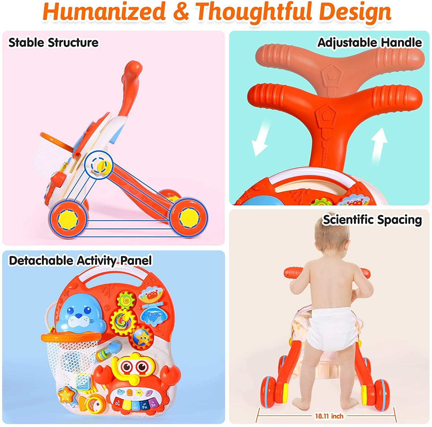 Arcanine Baby Sit to Stand Learning Walkers & Activity Table, 2 in 1 Early Education Activity Center, Cute Seals Crab Musical Toys Balls for Toddlers Infant Boy Girl 9-18 Months 4