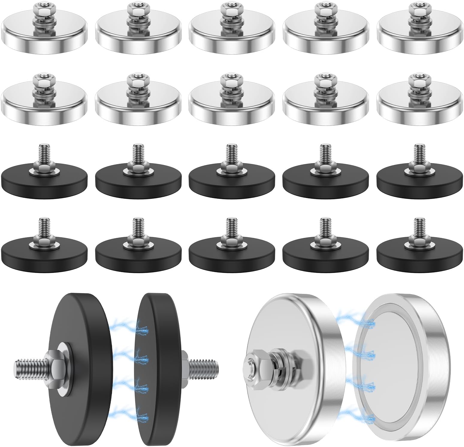 24Pack Rock Light Magnets with M6 Male Threaded Stud 150lb Strong Neodymium Round Magnet and 22lb Rubber Coated Magnets with Nut and Washer for Lighting, Camera, Panels Brackets (Silver+Black)