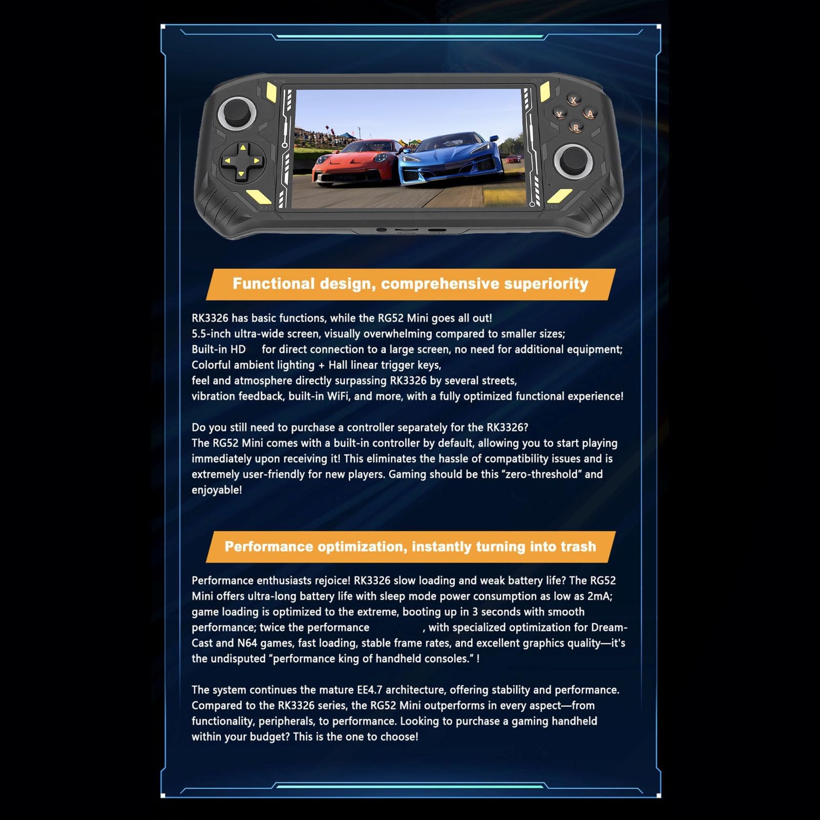 Console di Gioco Portatile, Schermo da 5,5 Pollici, 2G RAM, Chip Quad Core RK3562, Lettore di Gioco Portatile Ricaricabile con Due Controller e Porta , per Giochi Multi (Nera)