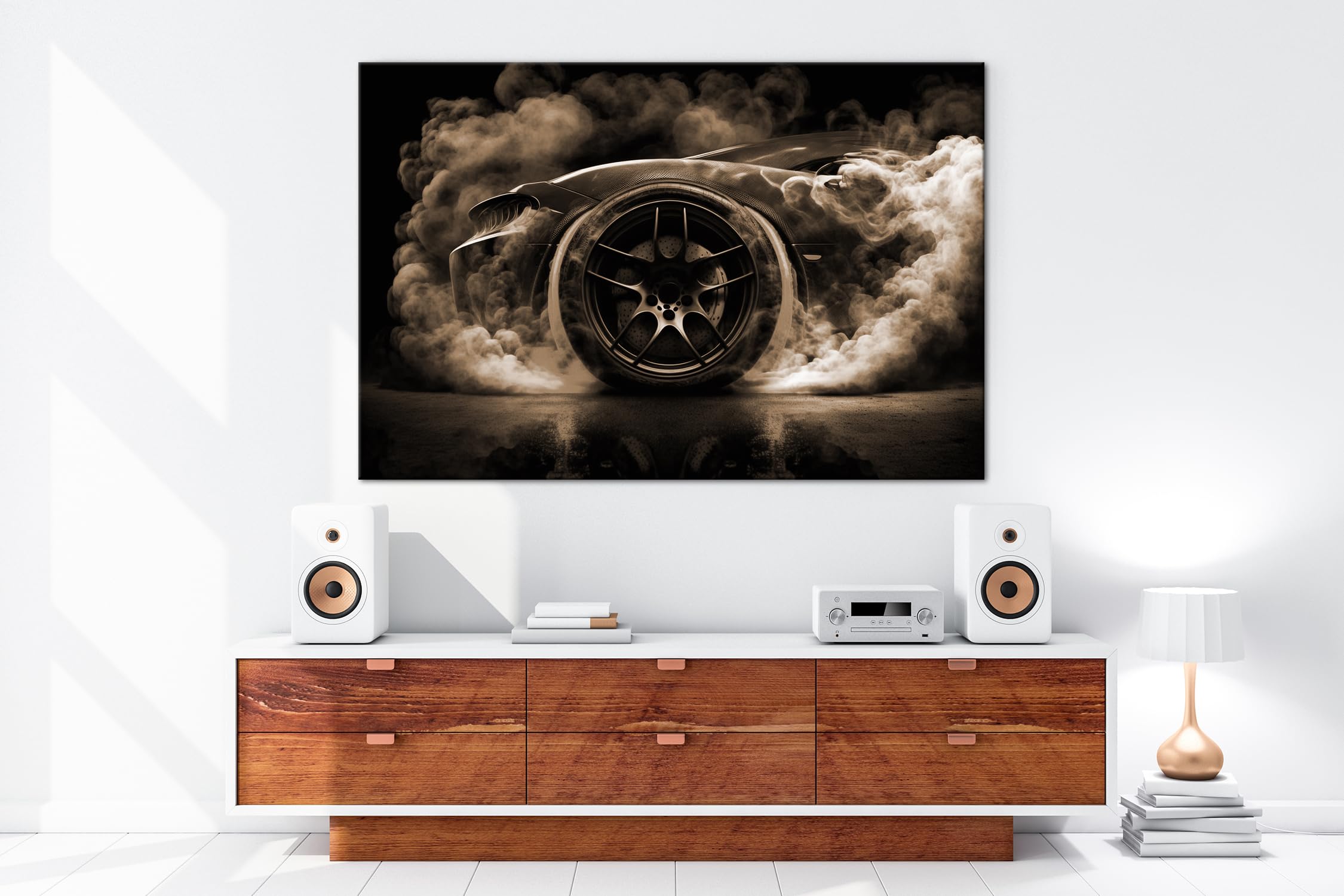 Leinwandbild Nächtliches Driften: Rauchende Reifen und glühende Bremse Format: 100x70 cm Effekt: Sepia XXL Kunstdruck Bild auf Keilrahmen/Wandbild/Wohnzimmer Deko