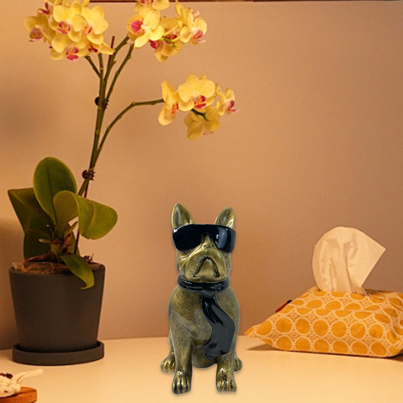 Zittende Franse Bulldog standbeeld 9-12 inch hars hond dier sculptuur met zilveren ketting ketting woonkamer salontafel keuken aanrecht slaapkamer badkamer kast woondecoratie (zwart, 18,8 x 10,9 x
