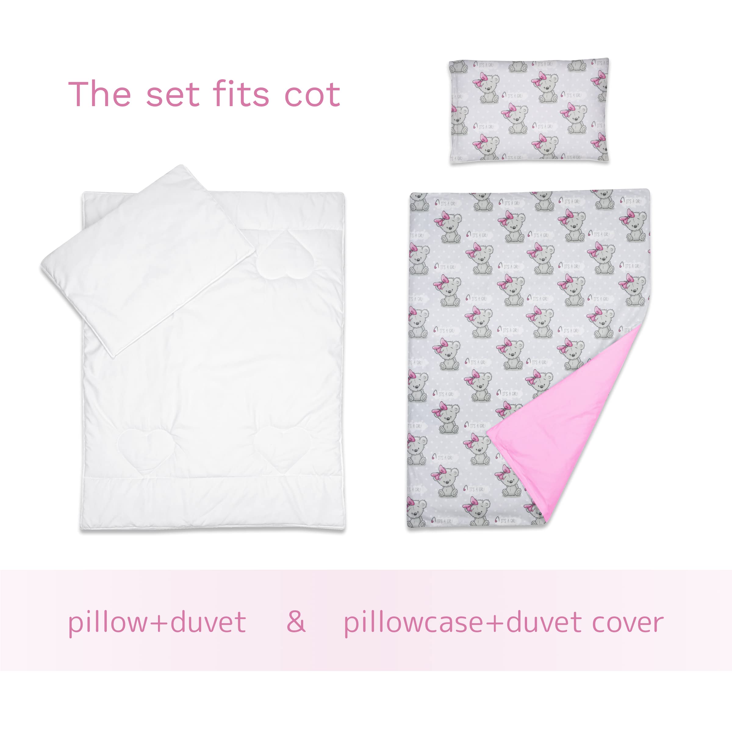Baby Comfort Juego de Cama de 4 Piezas para niños pequeños, 120 x 90 cm, Funda de edredón y Funda de Almohada (It's a Girl) (12 Meses+)