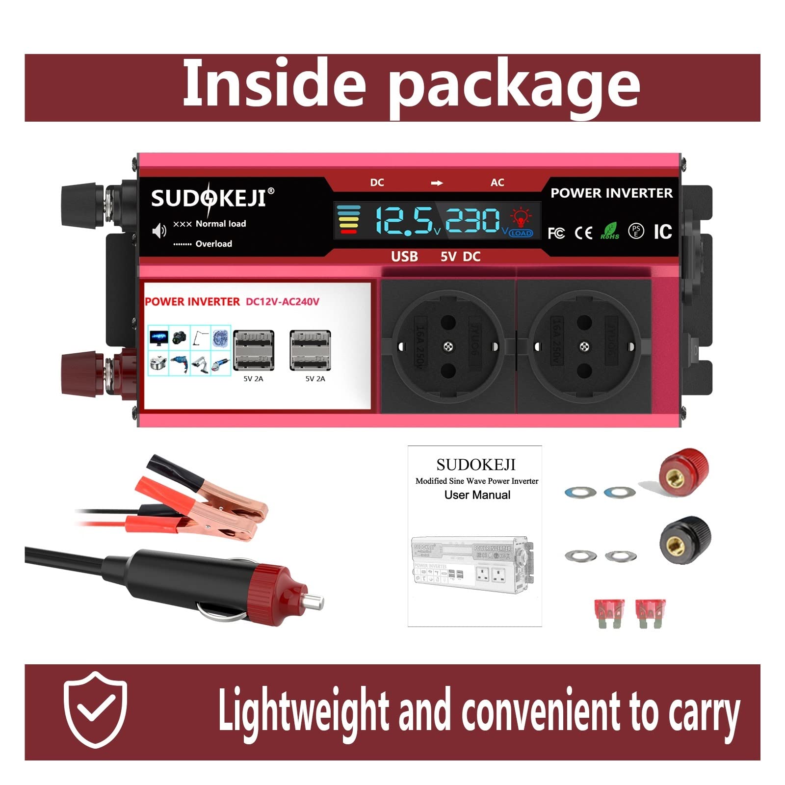 Inversor de Corriente de 3000W 4000W for inversor de Coche RV Barco 500W 800W DC 12V 24V a 120V 220V(800W-Black-4000W)