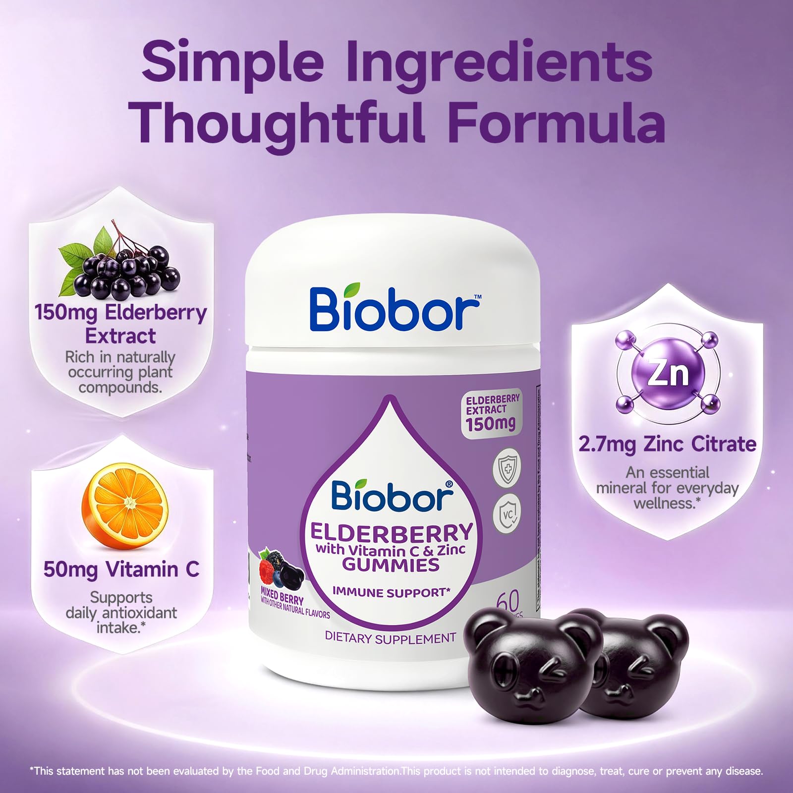 Biobor Elderberry Gummies with Vitamin C & Zinc, 150mg Elderberry, 120 Ct — Amazon image 3