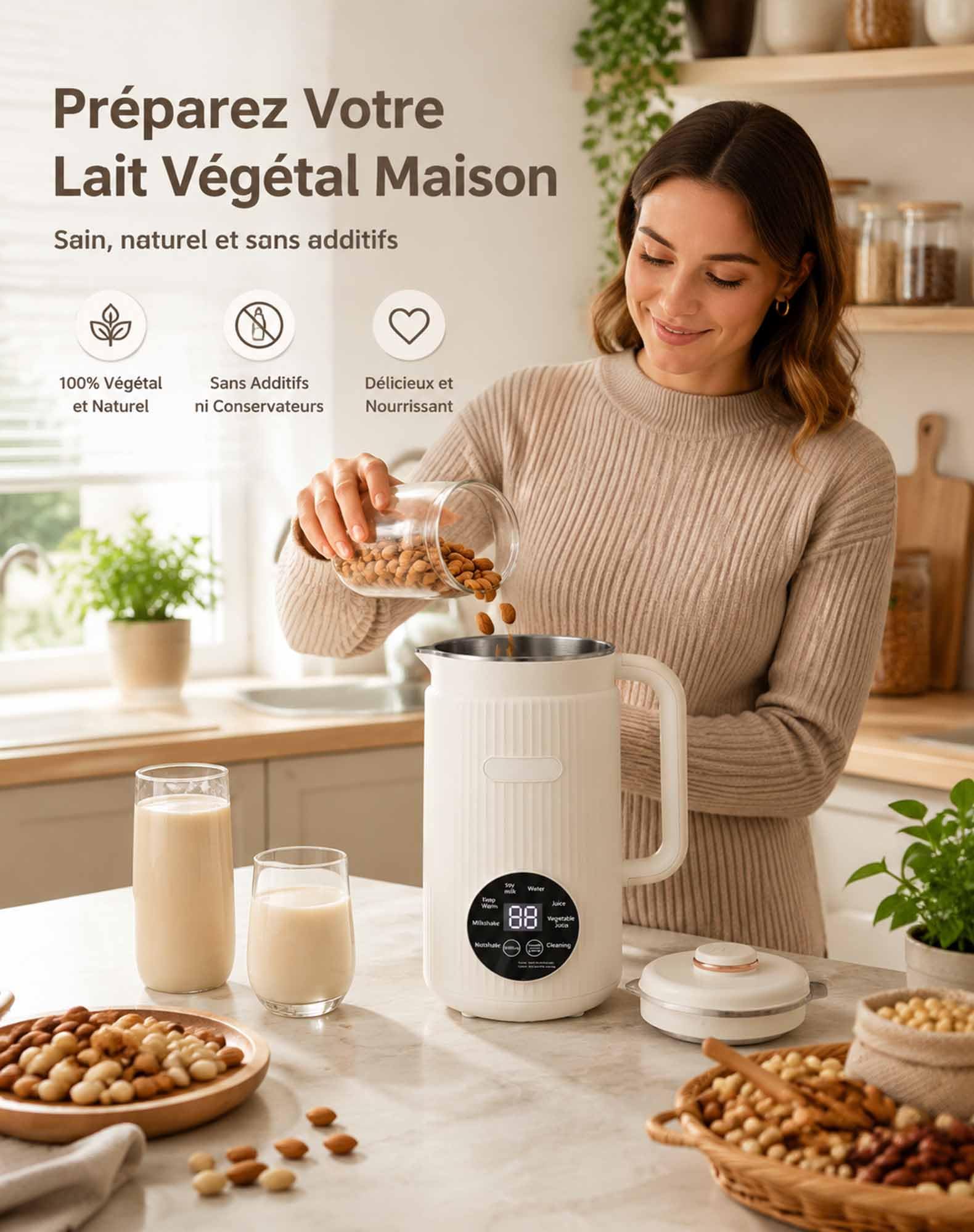 Omalait — Omalait Machine a Lait Vegetal, Fonction D'auto-Nettoyage Et Minuteur Inclut Verre Doseur, Passoire Et Brosse, 18 Recettes Incluses Préparer Des Laits Maison D'amande, D'avoine Et De Soja