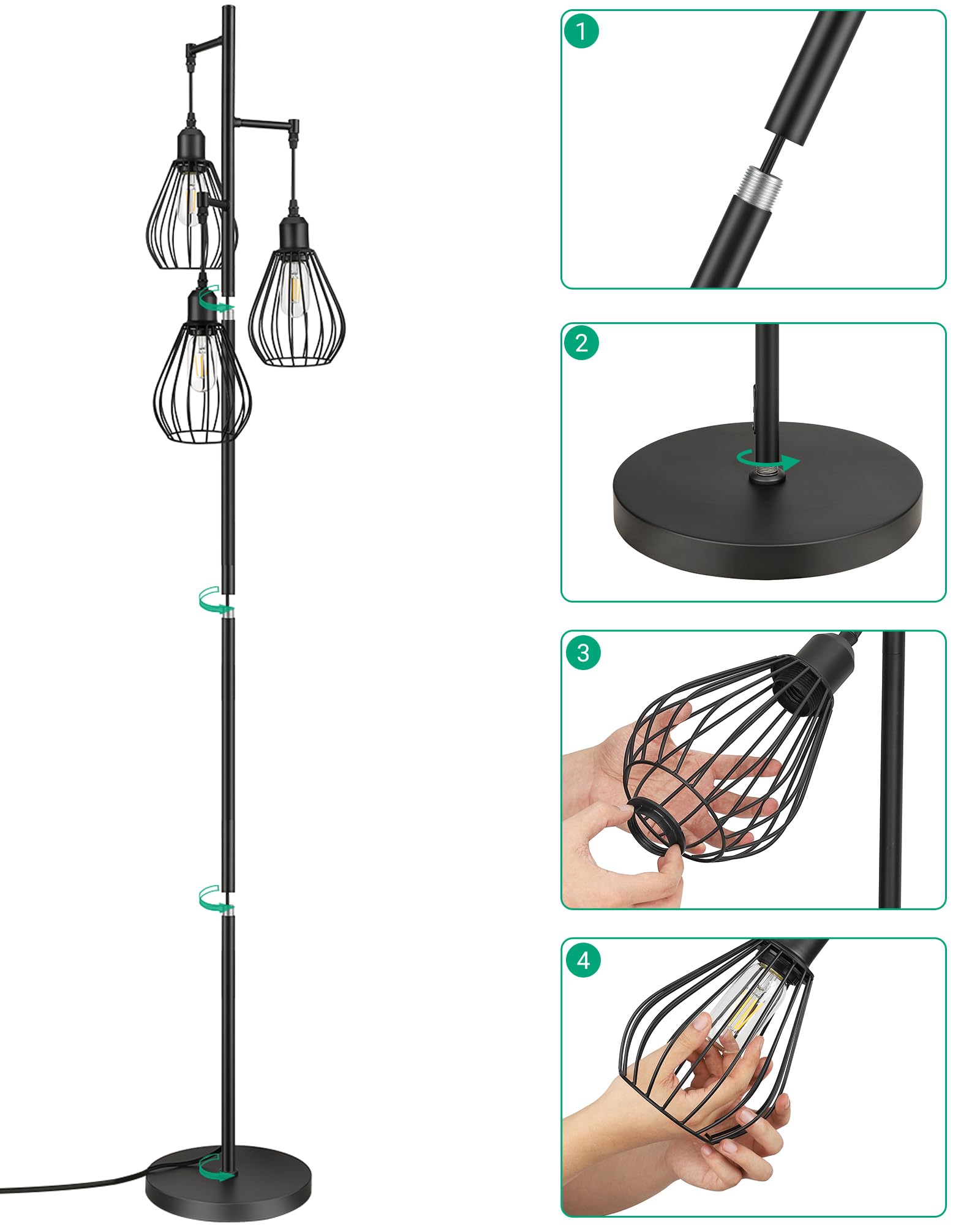 EDISHINE Lampada da terra industriale per soggiorno, 3 lampadine LED E27 incluse, bianco caldo 2700K, paralume in gabbia di metallo nero Lampada da terra design vintage retrò dimmerabile, 166 CM