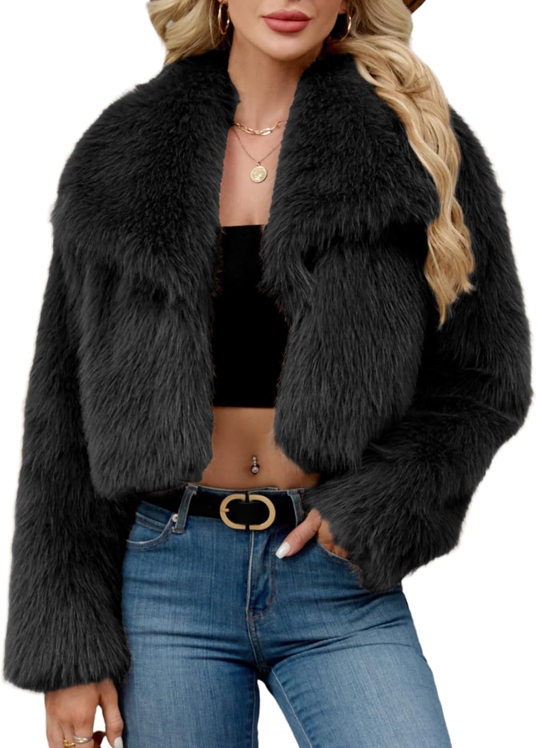 SCOFEEL Women’s Lapel Faux Fur Coat Fluffy Cropped Long Sleeve Open Front Winter Jacket Shaggy Outwear