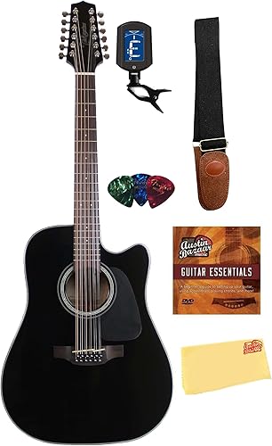Takamine GD30CE - Guitarra acústica y eléctrica de 12 cuerdas, paquete negro con afinador, correa, púas, DVD instructivo y paño de pulido Austin
