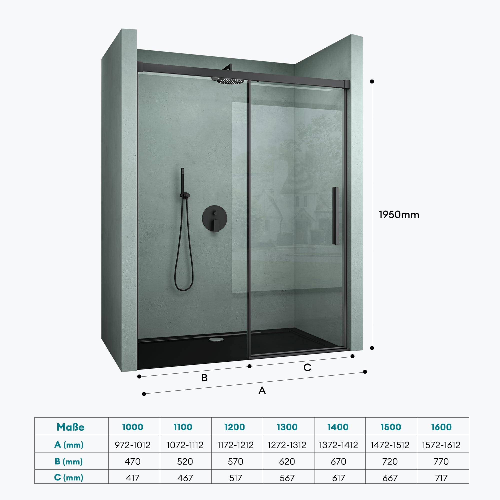 Mai & Mai Duschtür Nischentür dusche Duschabtrennung Duschkabine 130x195cm Schwarz Nischenschiebetür 6mm ESG-Sicherheitsglas inkl. Soft-Close Teramo12K