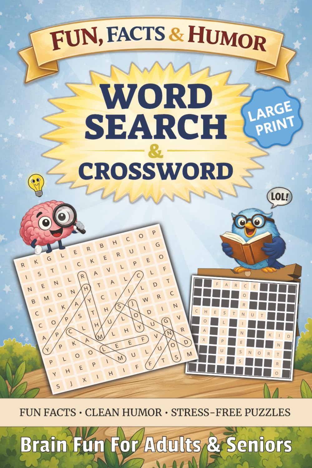 Fun Facts and Humor Puzzle Book: Word Search and Crossword Puzzles Book for Adults | Trivia, Brain Games, and Relaxing Fun
