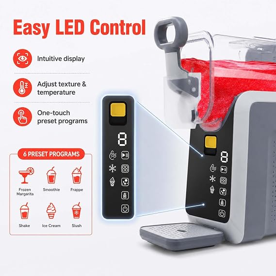 Countertop Slushie Machine for Home, Slushi Machine with LED Display, Slushy Maker with Frozen Margarita Programs for Frappes, Smoothies, Ideal for Home Bar, Party, Family Gathering, No Ice Needed