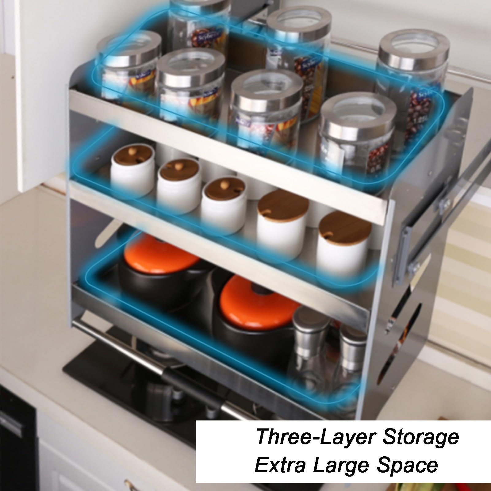 Organizador de Armario abatible de 3 Niveles, estantes abatibles de Acero Inoxidable, Cesta elevadora para Armario de Cocina, Mueble de cafetería, Plateado, 610 x 280 x 630 mm
