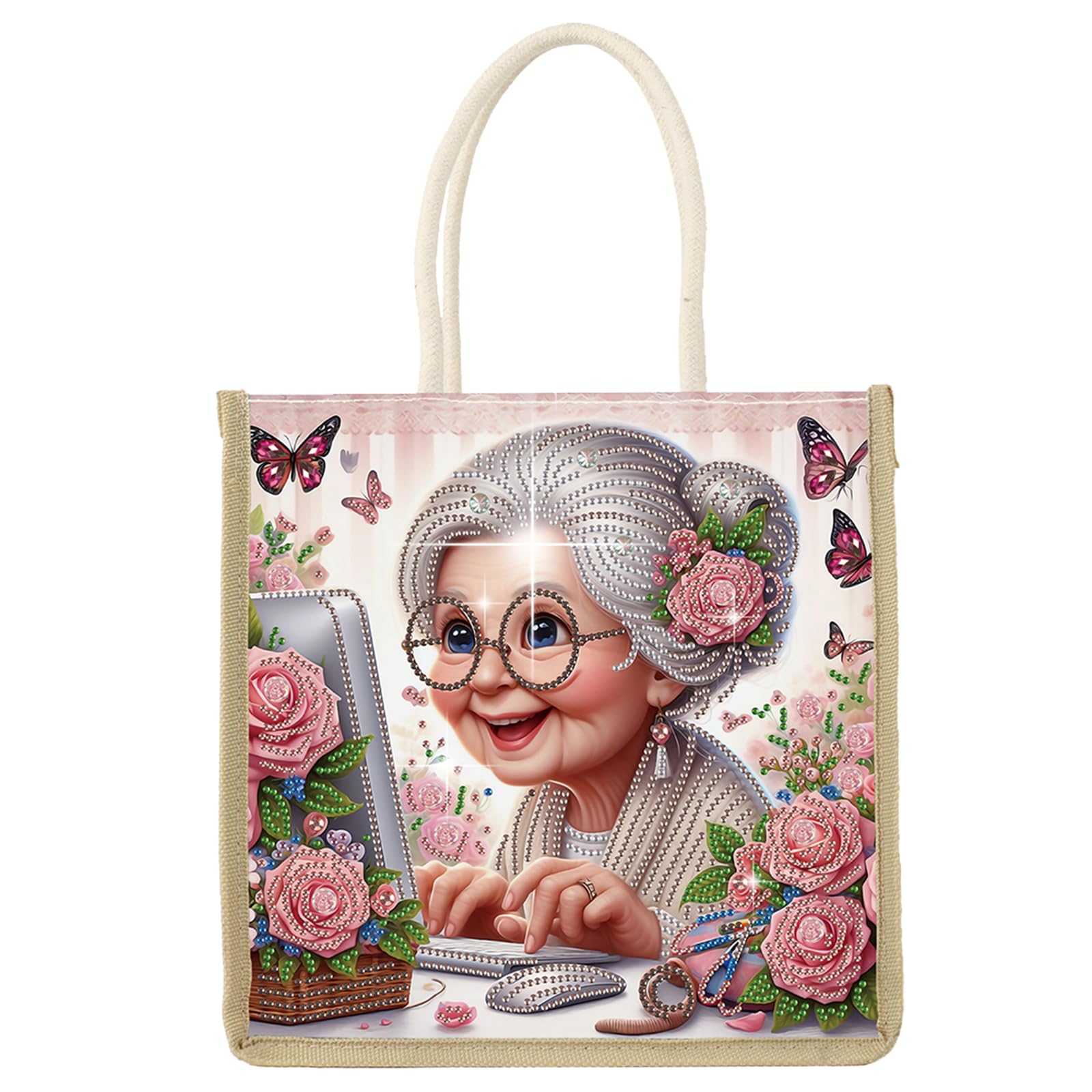 Grandma 5D DIY Diamond Art Painting Kit Handbag Linen Tote