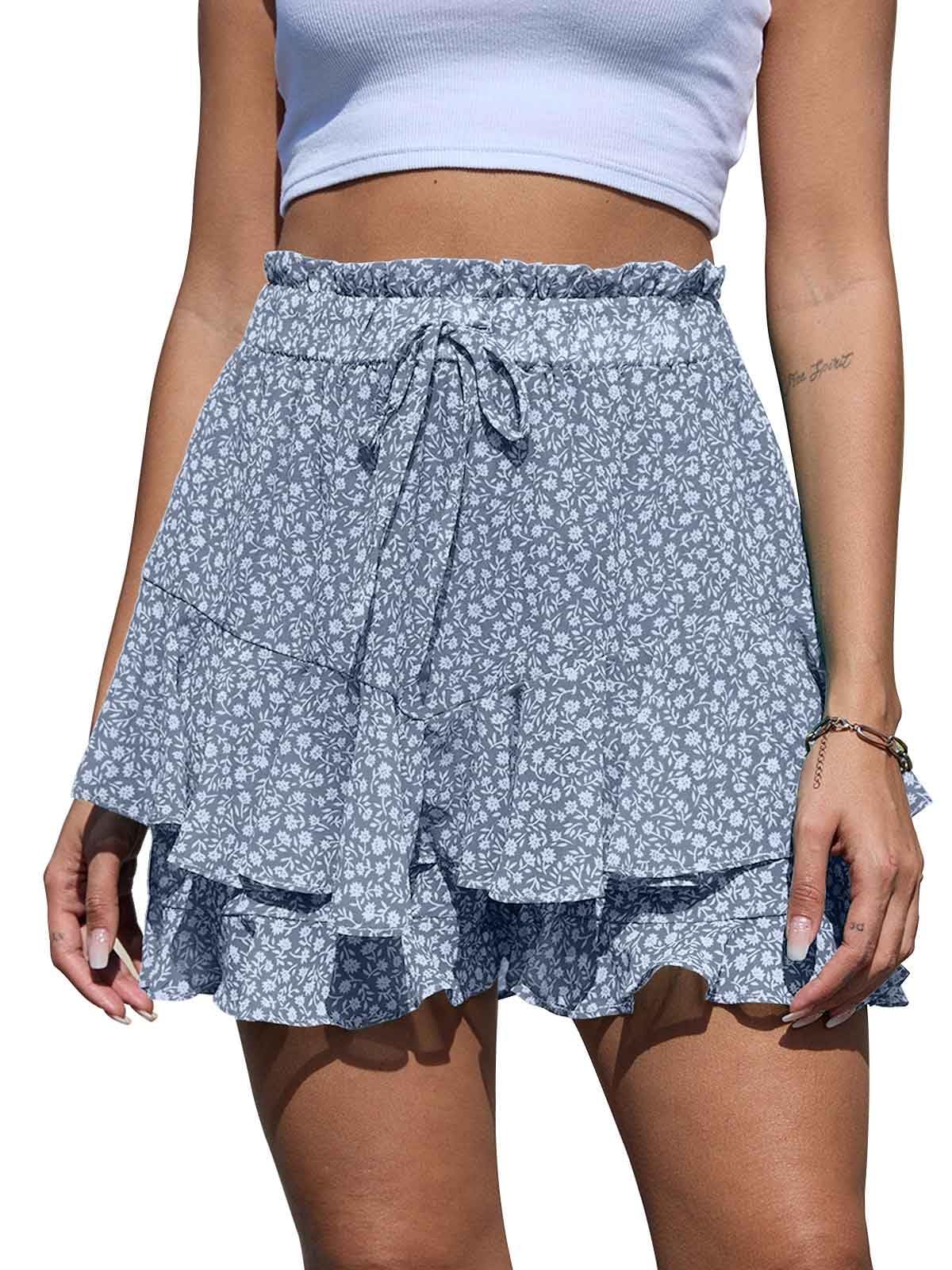 Yutdeng Pantalones Cortos Mujer Fluidos Gasa Falda Pantalon Mujer Estampado Floral Shorts Mujer Verano Elástica Cintura Alta Pantalon Corto Mujer Ligero Elegantes Casual Bermudas Playa Boho Volante